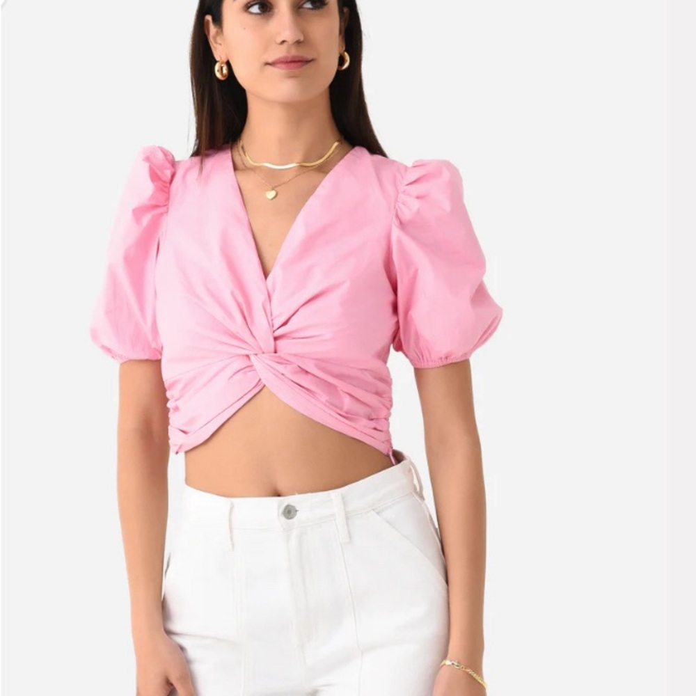 English Factory Pink Puff Sleeve Crisscross Crop Top Size Medium